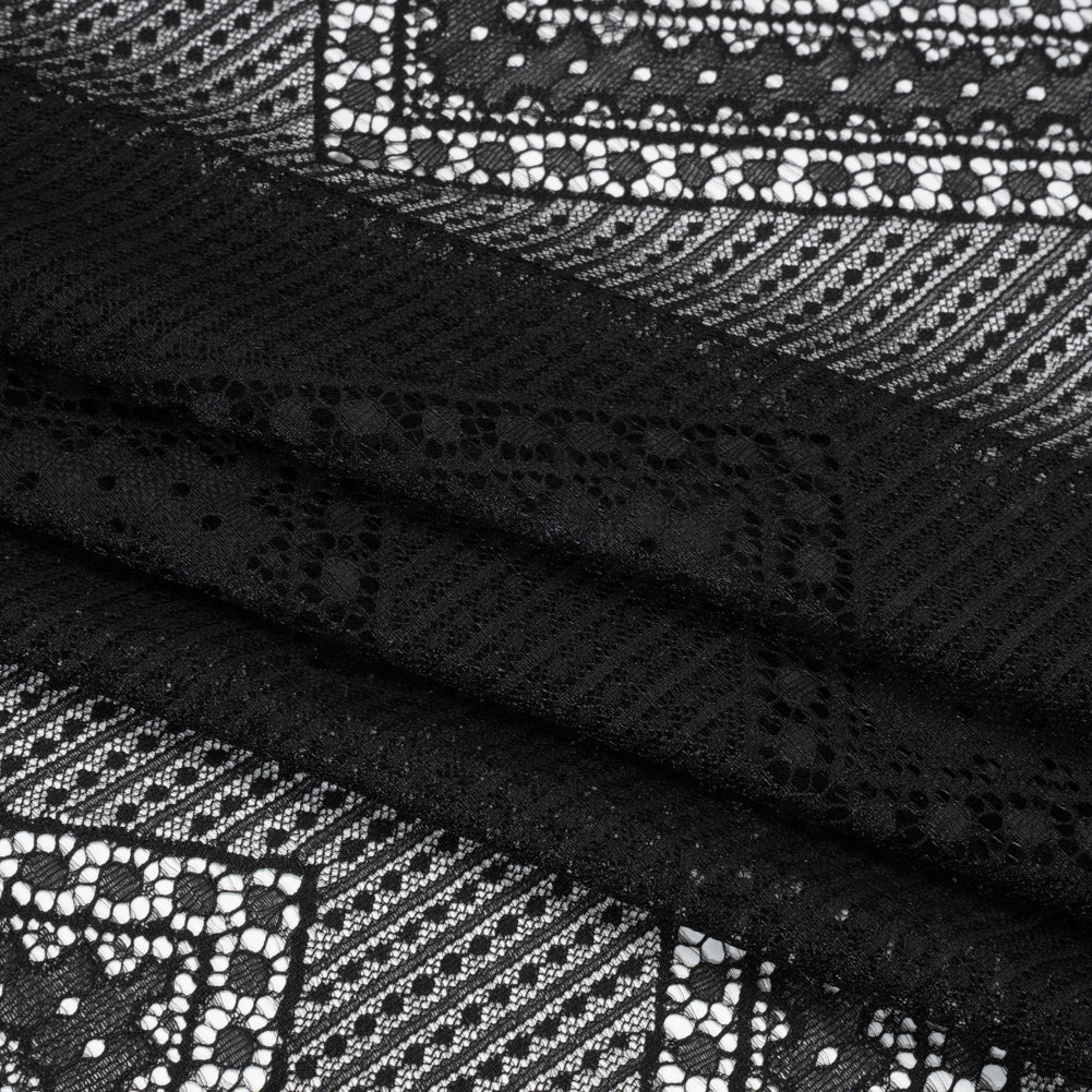 Recycled Nylon Raschel Lace Panel With Finished Edges - Black Geometric Chevrons