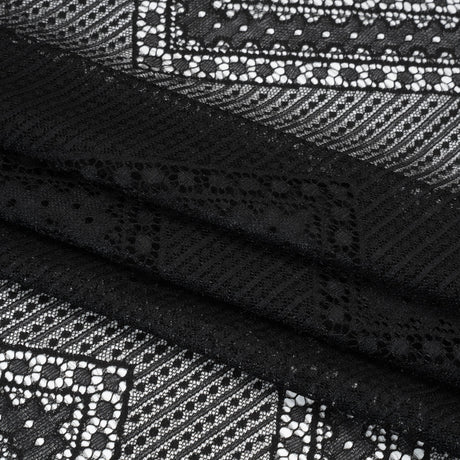 Recycled Nylon Raschel Lace Panel With Finished Edges - Black Geometric Chevrons