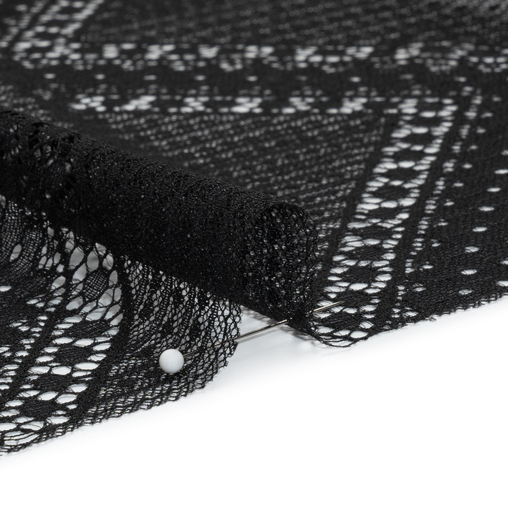 Recycled Nylon Raschel Lace Panel With Finished Edges - Black Geometric Chevrons