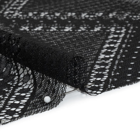 Recycled Nylon Raschel Lace Panel With Finished Edges - Black Geometric Chevrons
