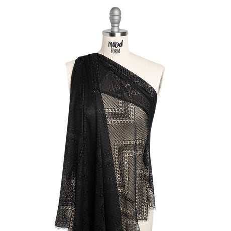 Recycled Nylon Raschel Lace Panel With Finished Edges - Black Geometric Chevrons