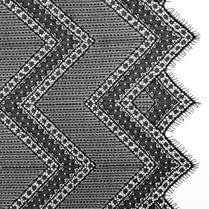 Recycled Nylon Raschel Lace Panel With Finished Edges - Black Geometric Chevrons