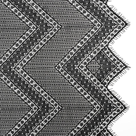 Recycled Nylon Raschel Lace Panel With Finished Edges - Black Geometric Chevrons