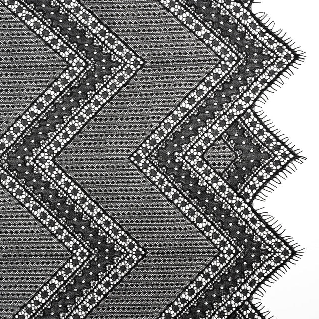 Recycled Nylon Raschel Lace Panel With Finished Edges - Black Geometric Chevrons