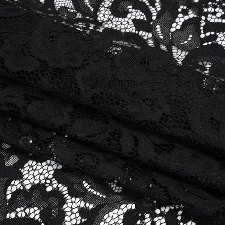 Nylon and Rayon Raschel Lace Panel with Finished Edges - Black Florals and Curls