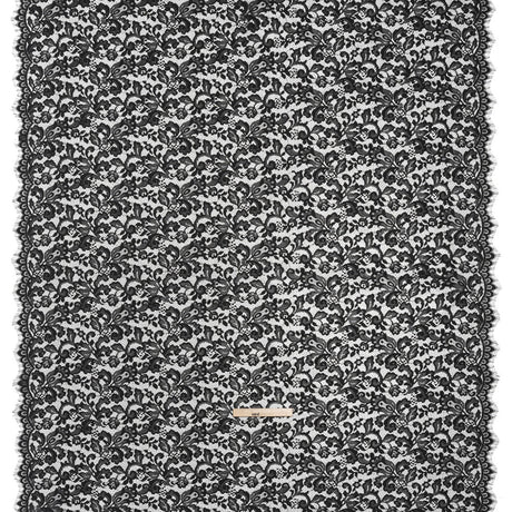 Nylon and Rayon Raschel Lace Panel with Finished Edges - Black Florals and Curls