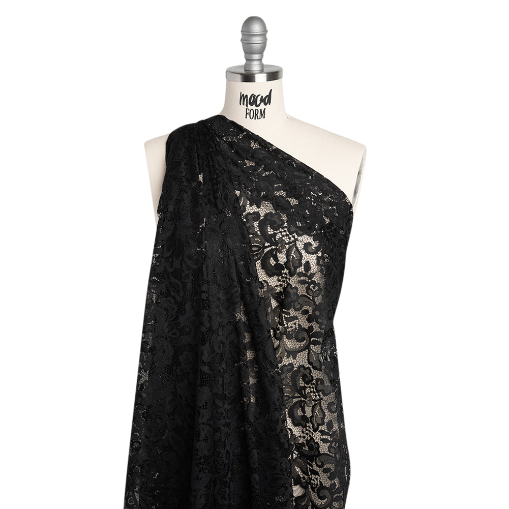 Nylon and Rayon Raschel Lace Panel with Finished Edges - Black Florals and Curls