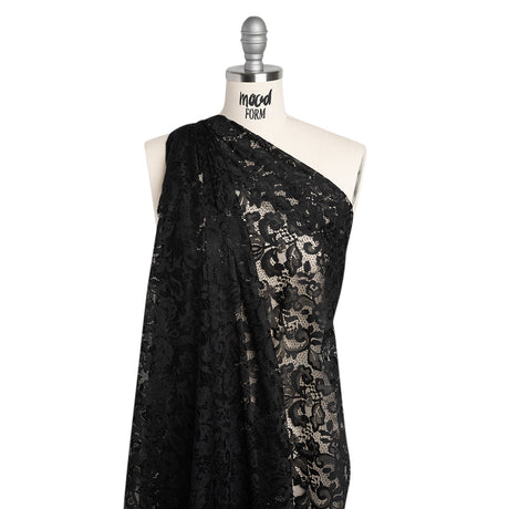 Nylon and Rayon Raschel Lace Panel with Finished Edges - Black Florals and Curls