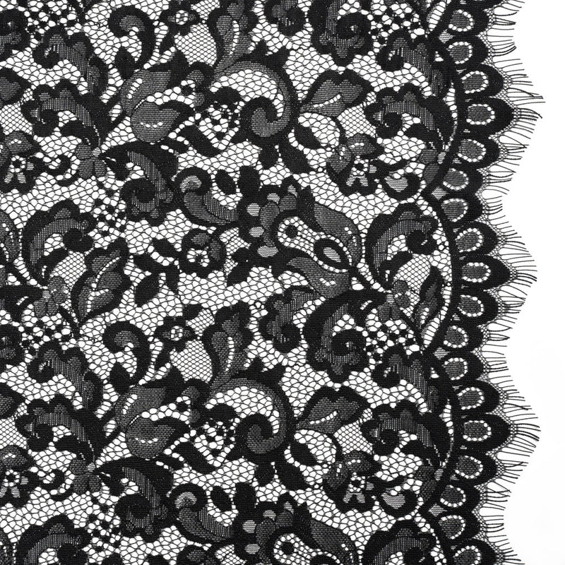 Nylon and Rayon Raschel Lace Panel with Finished Edges - Black Florals and Curls