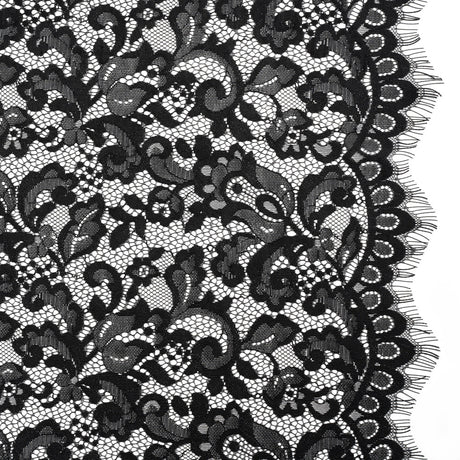 Nylon and Rayon Raschel Lace Panel with Finished Edges - Black Florals and Curls