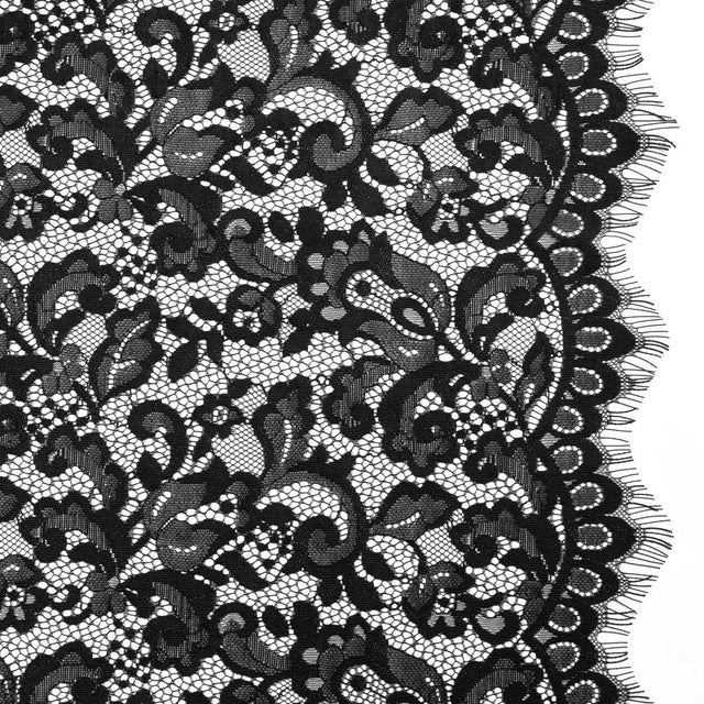 Nylon and Rayon Raschel Lace Panel with Finished Edges - Black Florals and Curls