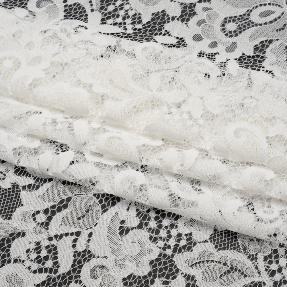 Nylon and Rayon Raschel Lace Panel with Finished Edges - Ivory Florals and Curls