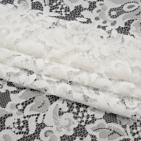 Nylon and Rayon Raschel Lace Panel with Finished Edges - Ivory Florals and Curls
