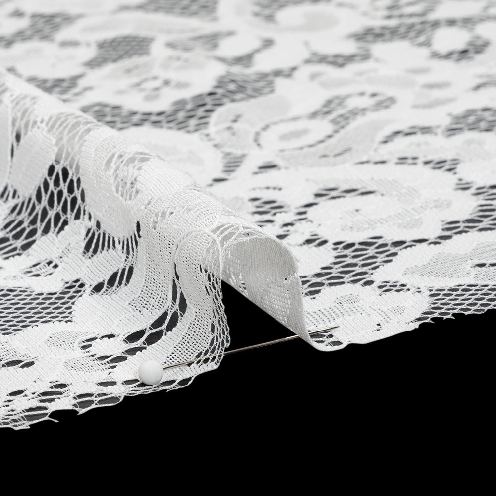 Nylon and Rayon Raschel Lace Panel with Finished Edges - Ivory Florals and Curls