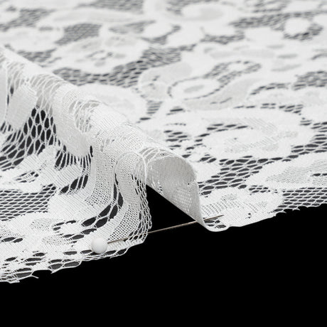 Nylon and Rayon Raschel Lace Panel with Finished Edges - Ivory Florals and Curls