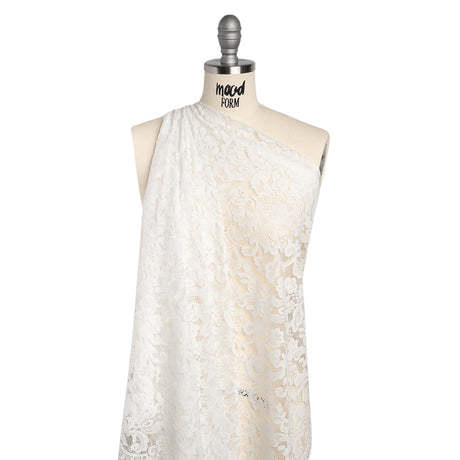 Nylon and Rayon Raschel Lace Panel with Finished Edges - Ivory Florals and Curls