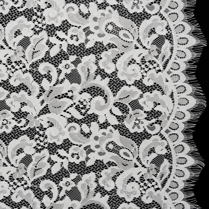Nylon and Rayon Raschel Lace Panel with Finished Edges - Ivory Florals and Curls