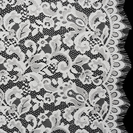 Nylon and Rayon Raschel Lace Panel with Finished Edges - Ivory Florals and Curls