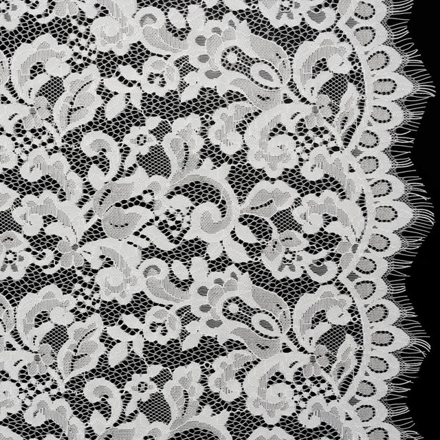 Nylon and Rayon Raschel Lace Panel with Finished Edges - Ivory Florals and Curls