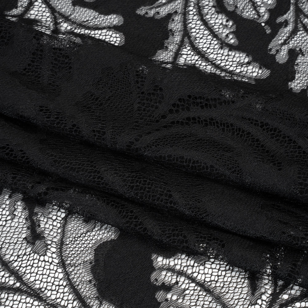 Nylon and Rayon Raschel Lace Panel with Finished Edges - Black Floating Leaves