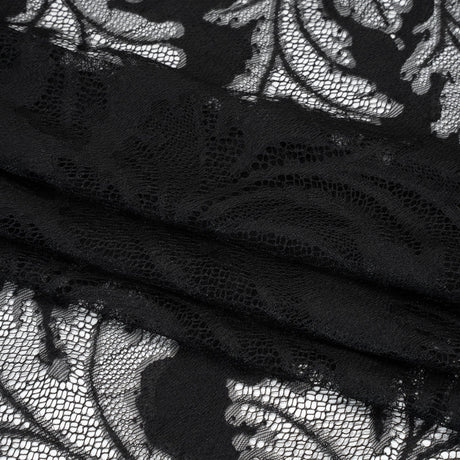 Nylon and Rayon Raschel Lace Panel with Finished Edges - Black Floating Leaves