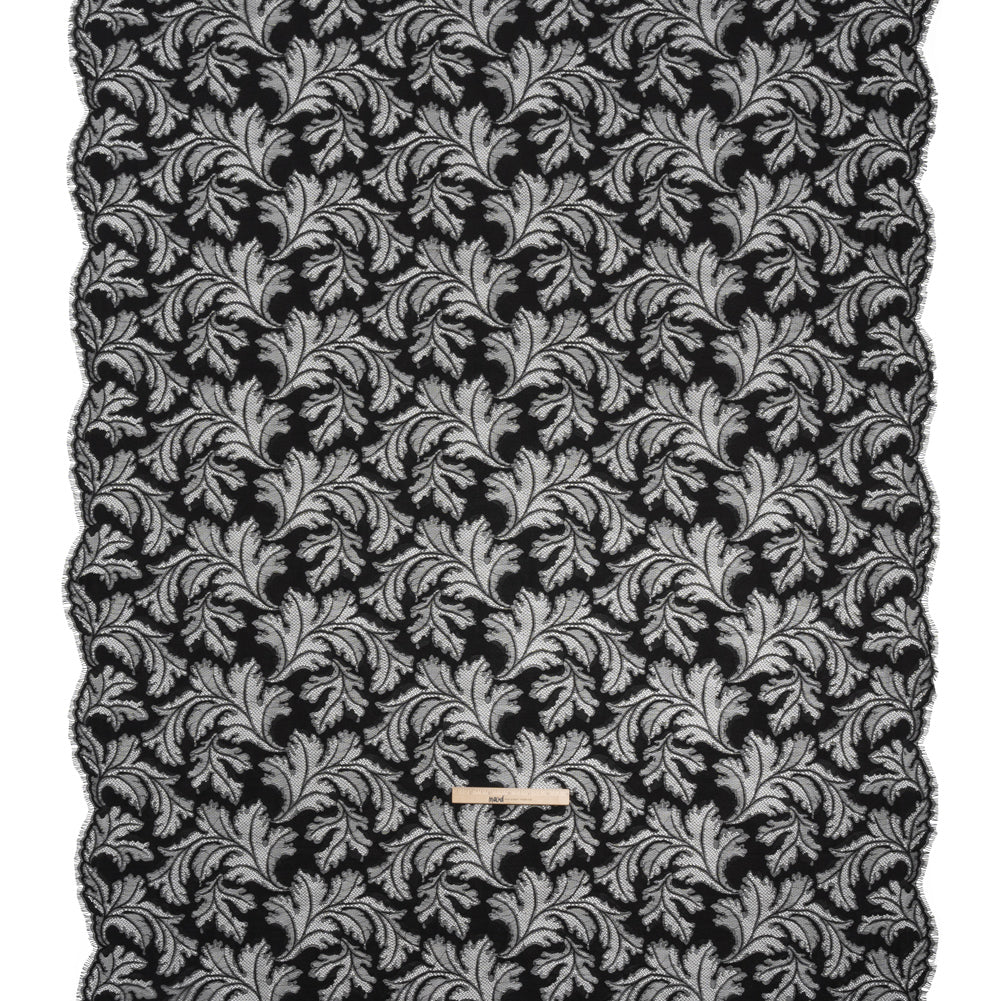 Nylon and Rayon Raschel Lace Panel with Finished Edges - Black Floating Leaves