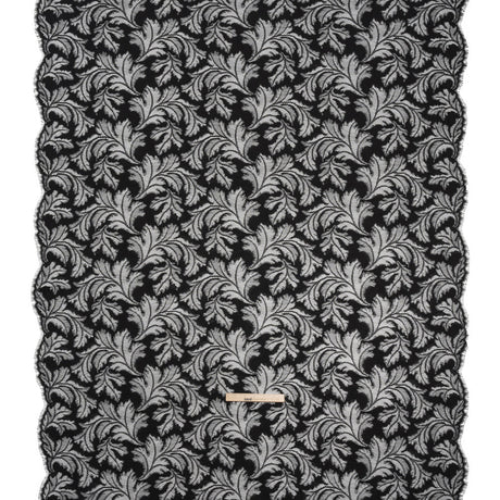 Nylon and Rayon Raschel Lace Panel with Finished Edges - Black Floating Leaves