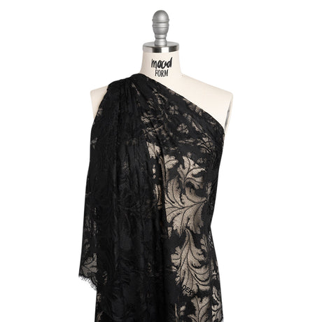 Nylon and Rayon Raschel Lace Panel with Finished Edges - Black Floating Leaves