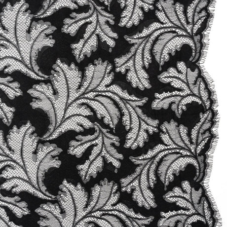 Nylon and Rayon Raschel Lace Panel with Finished Edges - Black Floating Leaves