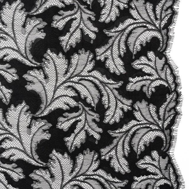Nylon and Rayon Raschel Lace Panel with Finished Edges - Black Floating Leaves
