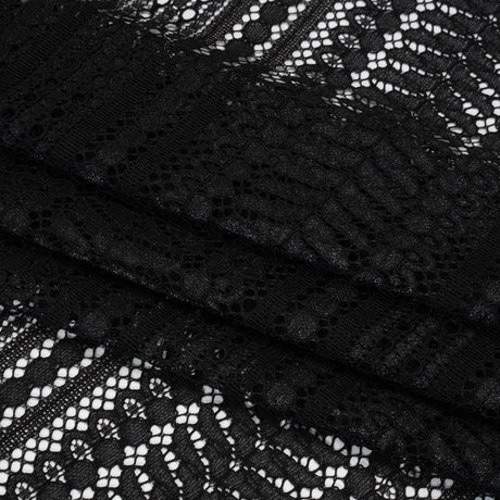 Luminous Corded Lace Panel with Finished Fringed Edges - Black Dot and Leaf Stripes