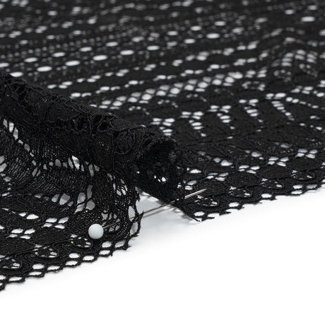 Luminous Corded Lace Panel with Finished Fringed Edges - Black Dot and Leaf Stripes