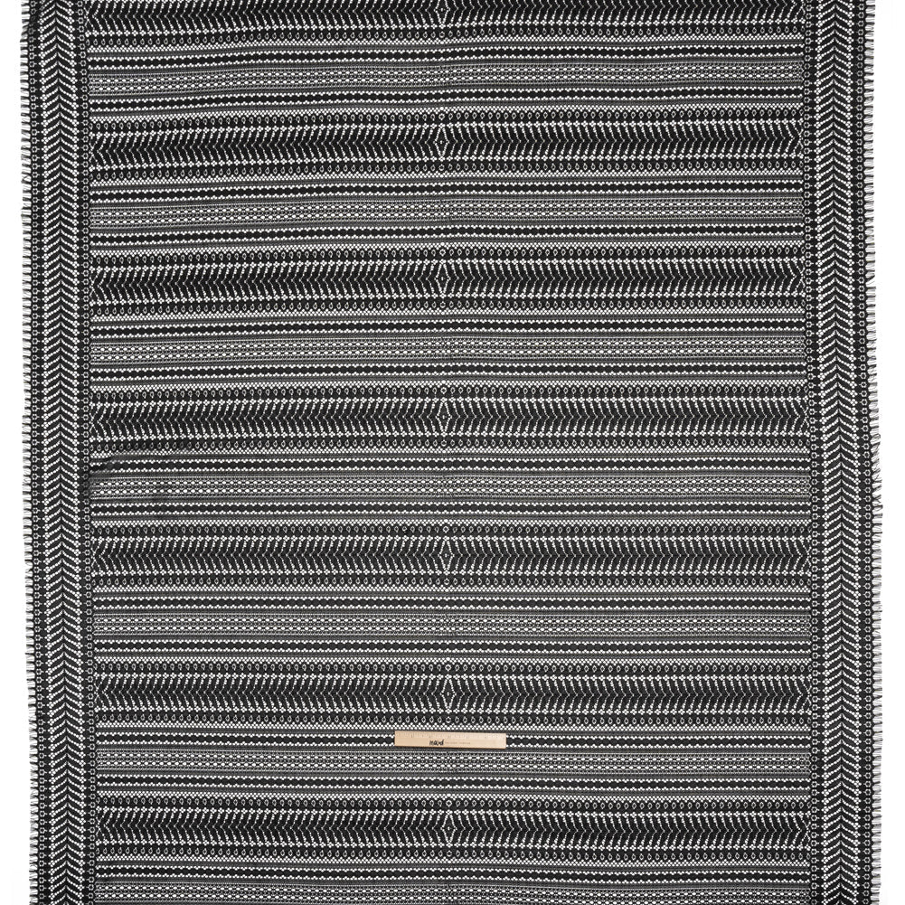 Luminous Corded Lace Panel with Finished Fringed Edges - Black Dot and Leaf Stripes