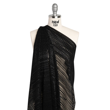 Luminous Corded Lace Panel with Finished Fringed Edges - Black Dot and Leaf Stripes