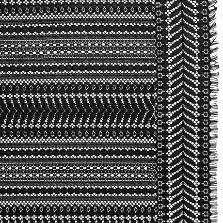 Luminous Corded Lace Panel with Finished Fringed Edges - Black Dot and Leaf Stripes