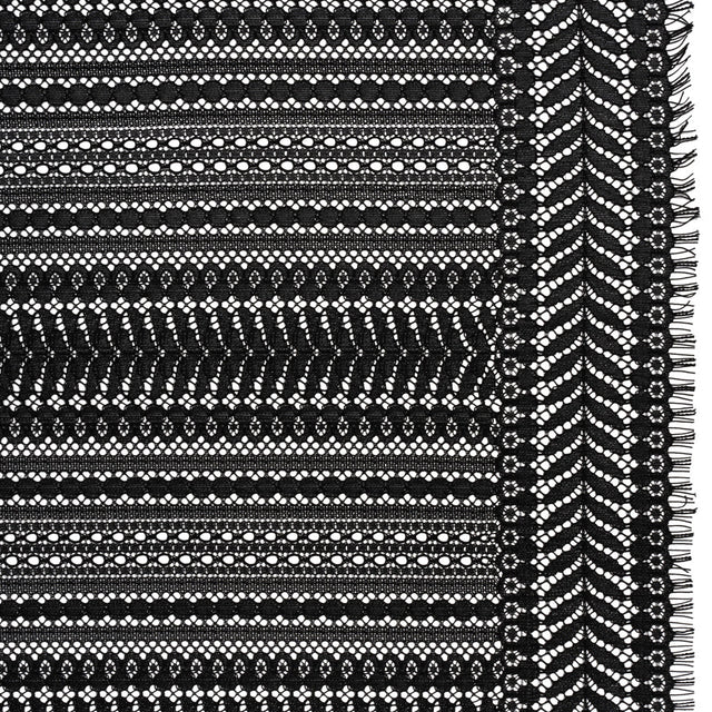 Luminous Corded Lace Panel with Finished Fringed Edges - Black Dot and Leaf Stripes