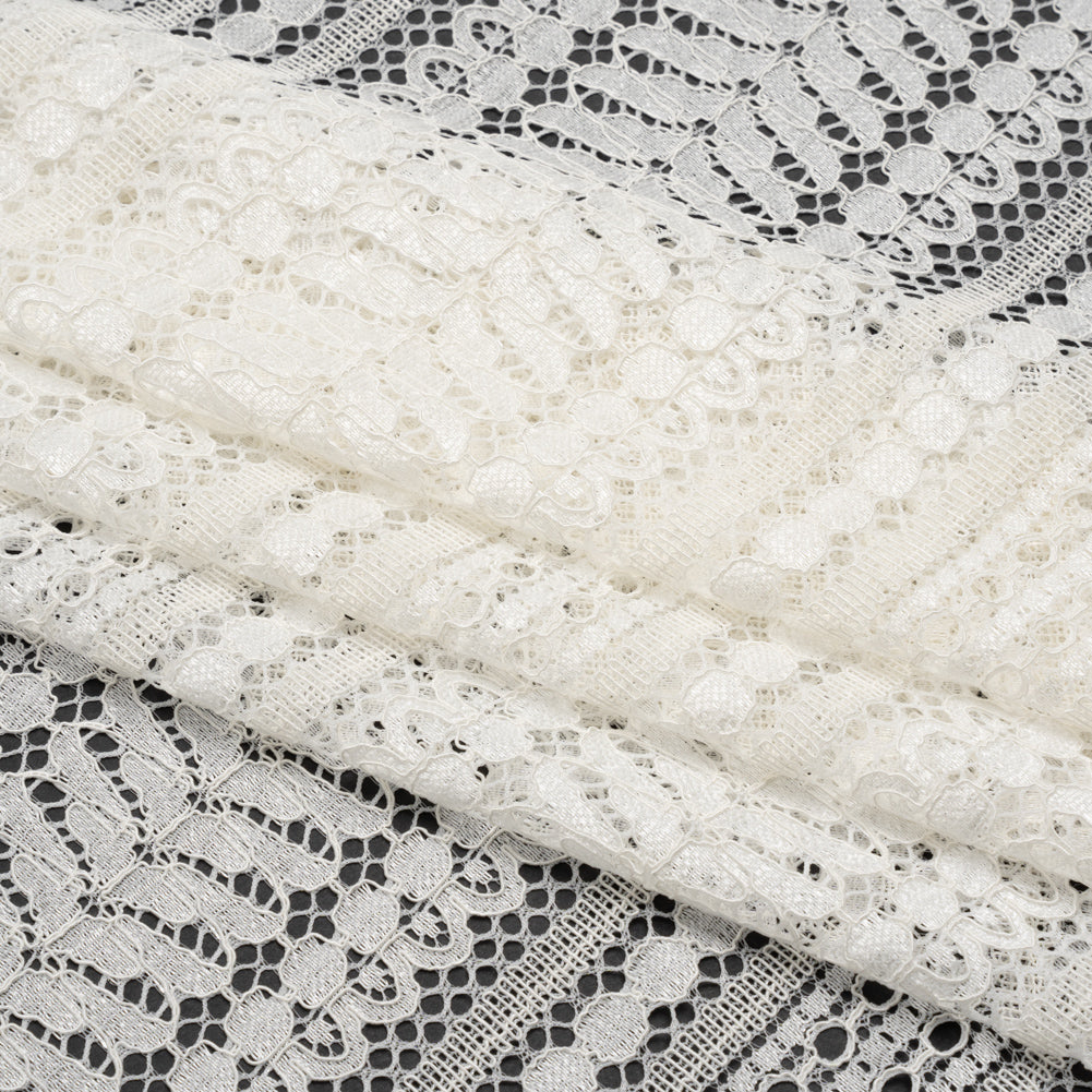 Luminous Corded Lace Panel with Finished Fringed Edges - Ivory Dot and Leaf Stripes
