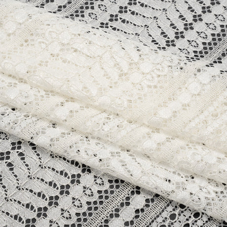 Luminous Corded Lace Panel with Finished Fringed Edges - Ivory Dot and Leaf Stripes