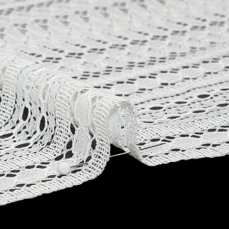 Luminous Corded Lace Panel with Finished Fringed Edges - Ivory Dot and Leaf Stripes