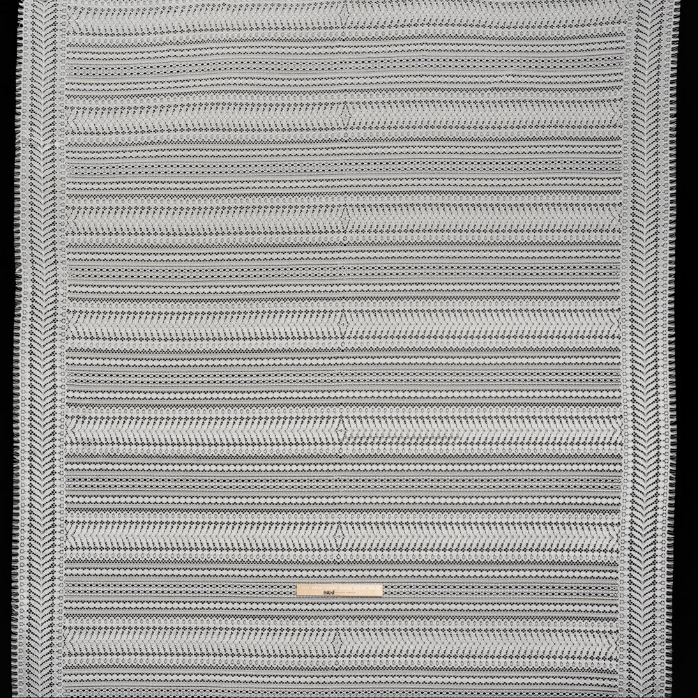 Luminous Corded Lace Panel with Finished Fringed Edges - Ivory Dot and Leaf Stripes