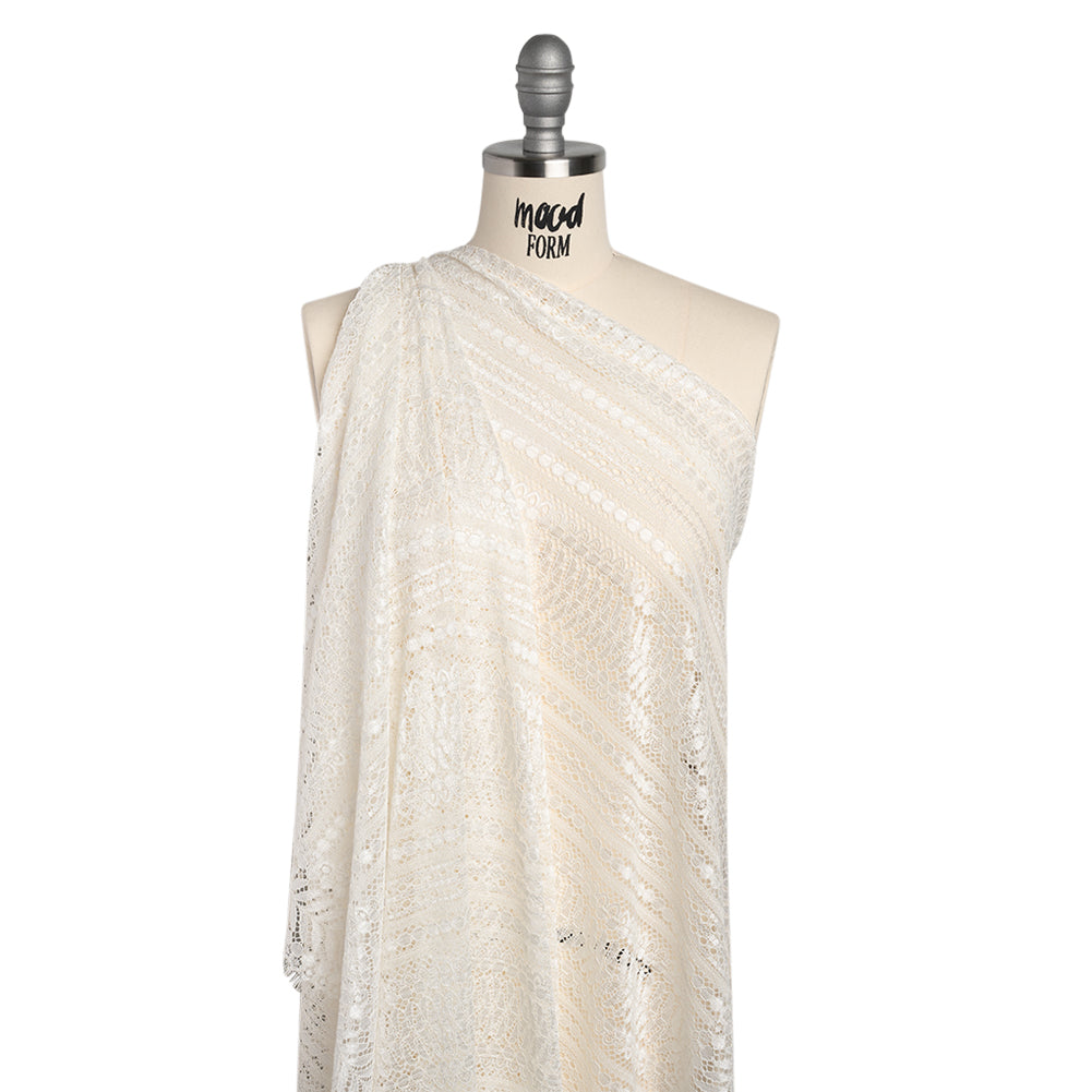 Luminous Corded Lace Panel with Finished Fringed Edges - Ivory Dot and Leaf Stripes