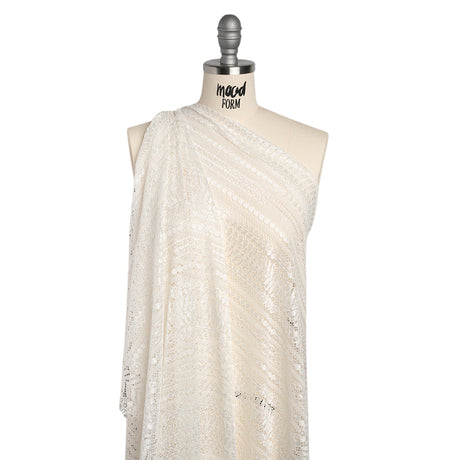 Luminous Corded Lace Panel with Finished Fringed Edges - Ivory Dot and Leaf Stripes