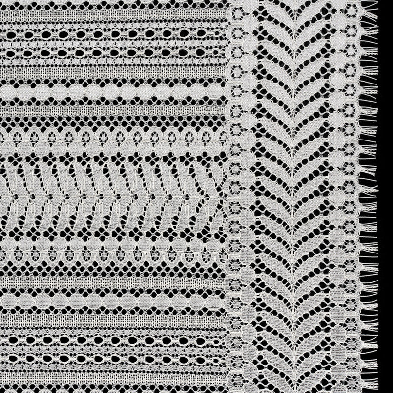 Luminous Corded Lace Panel with Finished Fringed Edges - Ivory Dot and Leaf Stripes