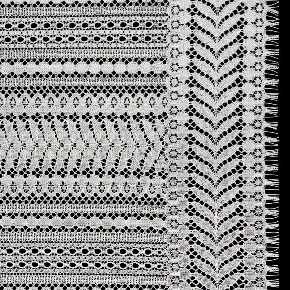 Luminous Corded Lace Panel with Finished Fringed Edges - Ivory Dot and Leaf Stripes