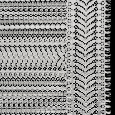 Luminous Corded Lace Panel with Finished Fringed Edges - Ivory Dot and Leaf Stripes