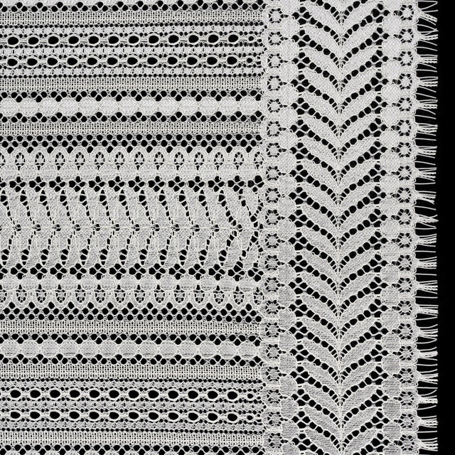 Luminous Corded Lace Panel with Finished Fringed Edges - Ivory Dot and Leaf Stripes