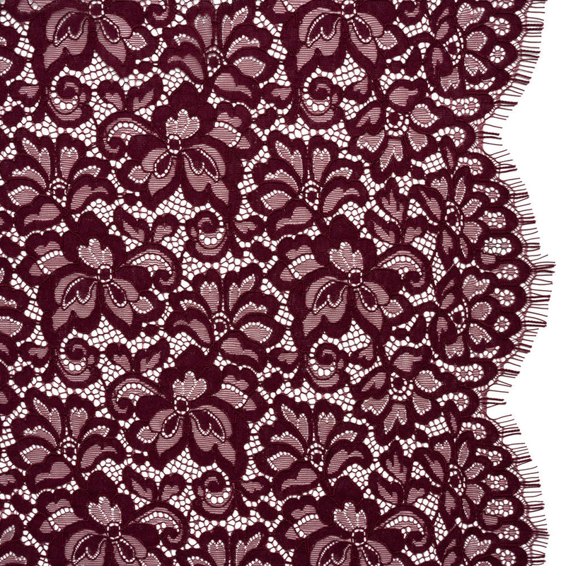 Corded Lace Panel with Petal Scalloped And Fringed Edges - Burgundy Floral