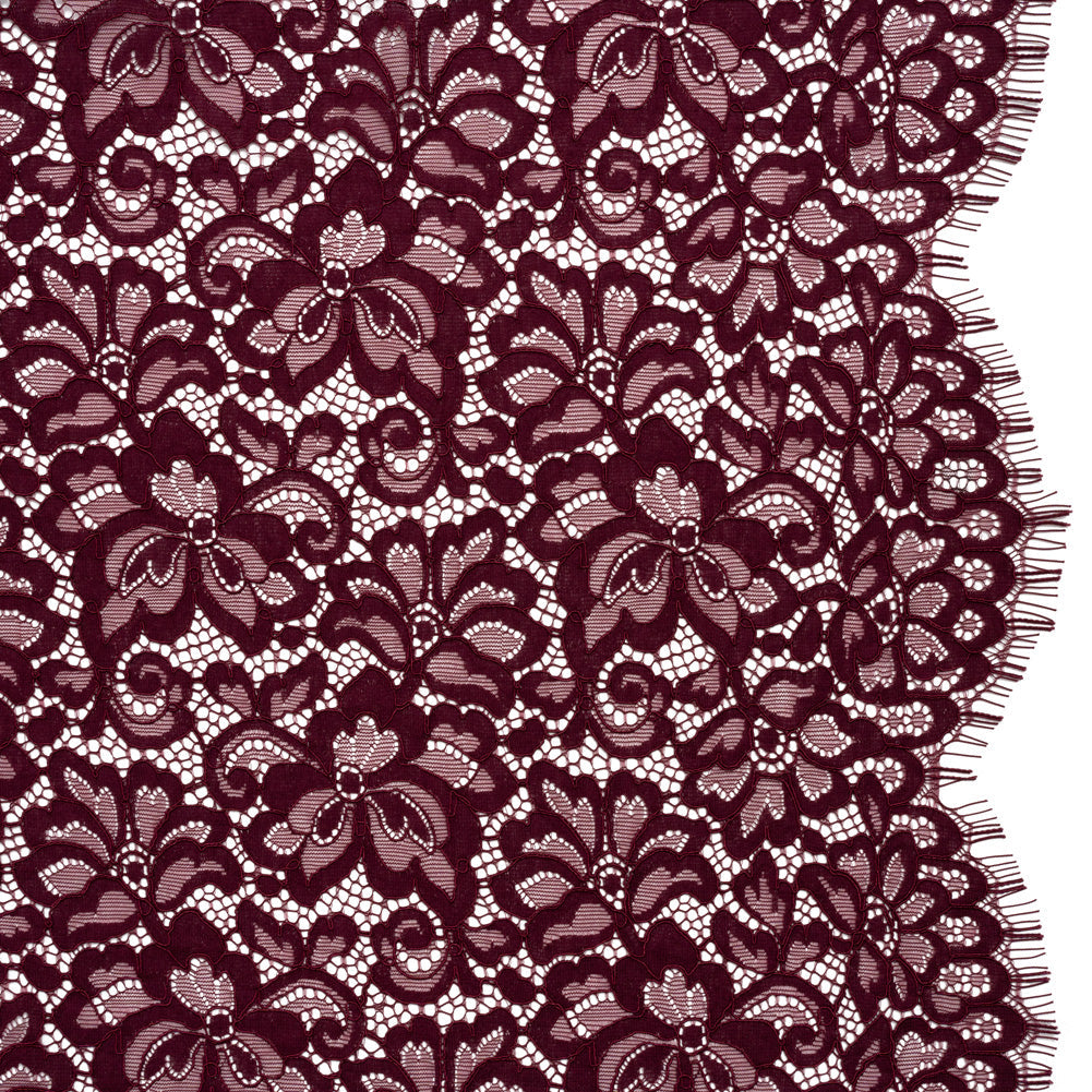 Corded Lace Panel with Petal Scalloped And Fringed Edges - Burgundy Floral