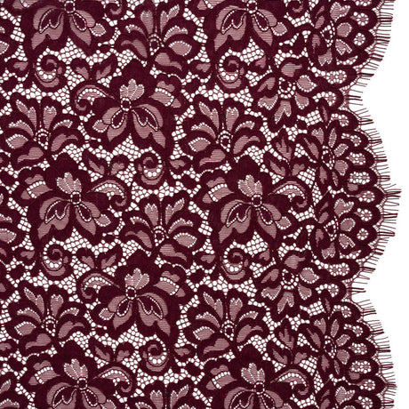 Corded Lace Panel with Petal Scalloped And Fringed Edges - Burgundy Floral