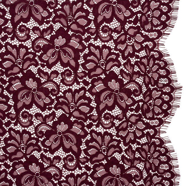 Corded Lace Panel with Petal Scalloped And Fringed Edges - Burgundy Floral